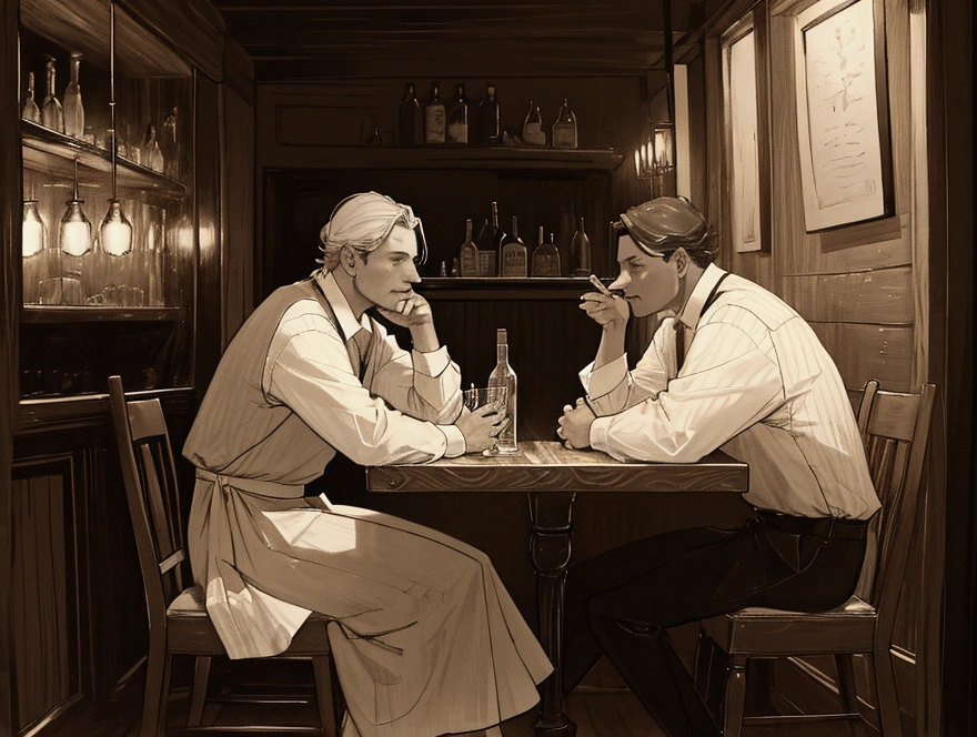 A man places a glass of liquor on a table in a tavern.