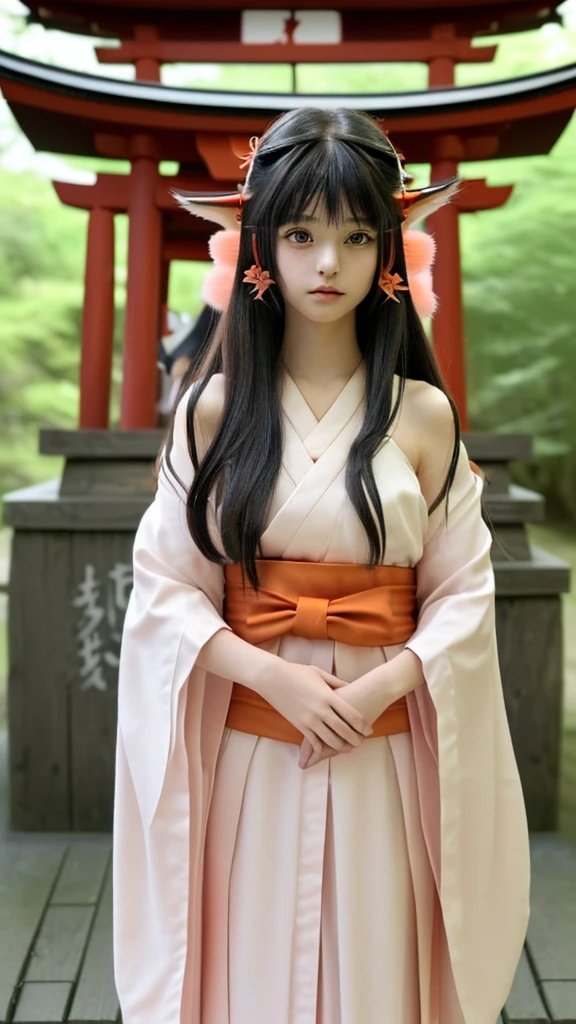Small fox ears、One Girl, (A beauty girl, Delicate girl:1.3), (, change:1.3), break,((Shrine maiden'Costumes)),(Brown fox ears) break, Definition of Very Fine Particles, (Symmetrical eyes:1.3), break, (alley, Kyoto:1.3), perfectly trimmed fingers, break, Small breasts, Brown eyes, Parted bangs, Brown Hair, , break, (Eye and facial details:1.0), break, (masterpiece, Highest quality, Very detailed, Detailed face, 8k)Goth