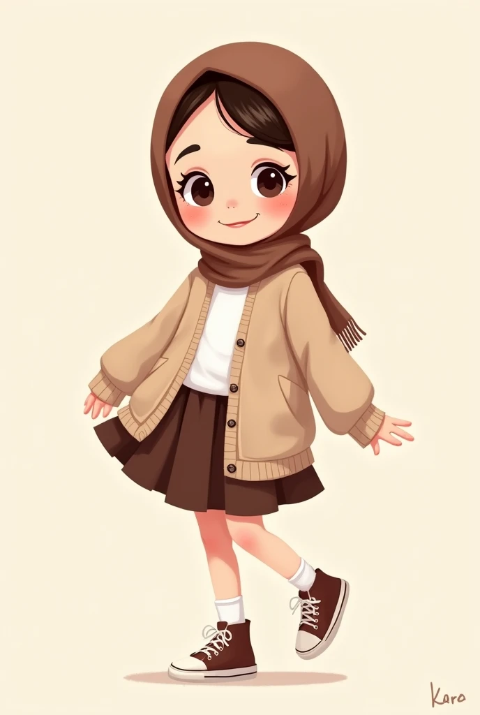 Cartoon with text:
(masterpiece, best quality, 4k, expressive eyes, perfect face, 2d style, flat style, hand drawn), Cute and adorable face, big detailed eyes, Cute little cartoon girl, with brown hijab on, wearing oversized beige cardigan, white shirt, brown skirt, brown socks, sneakers, showing her panties, pulling up her skirt, upskirt, exposed legs, white underwear