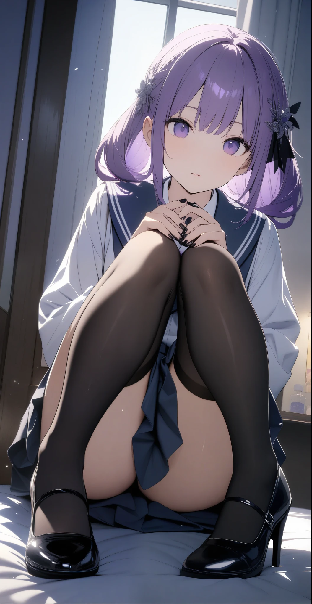 one,((school uniform、hair ornaments、Black nail polish、Black Stockings、Black shoes))、(The setting is that she wears thongs)、(Purple hair color、Silver inner color hairstyle), Beautiful Hair, Facial Contour, Remember, Hotel, moonlight、splash, Lens flare,, Natural Color, High resolution, Very delicate, Very detailed, 8k,、Shyness,((Sexual))、On the bed, on hands and knees, looking straight ahead、View from high heels、View angle from below