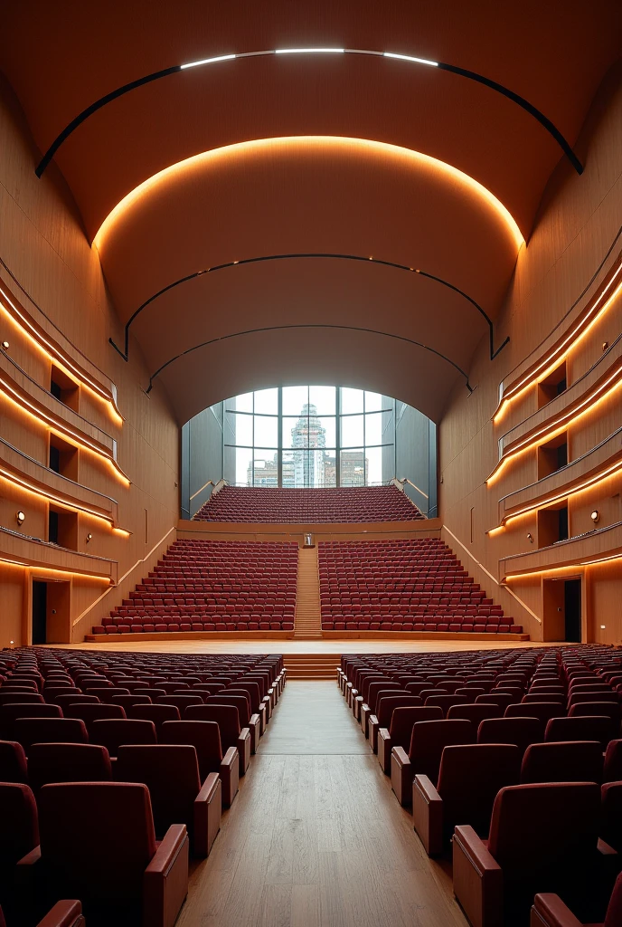 3d design of theatre that has 1078 seats and curved design simple only and the pov is on the stage

