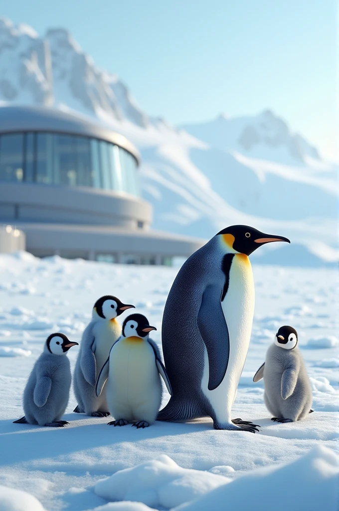 Antarctica penguin fmily in ice sheet with plane resarch centre realistic photo