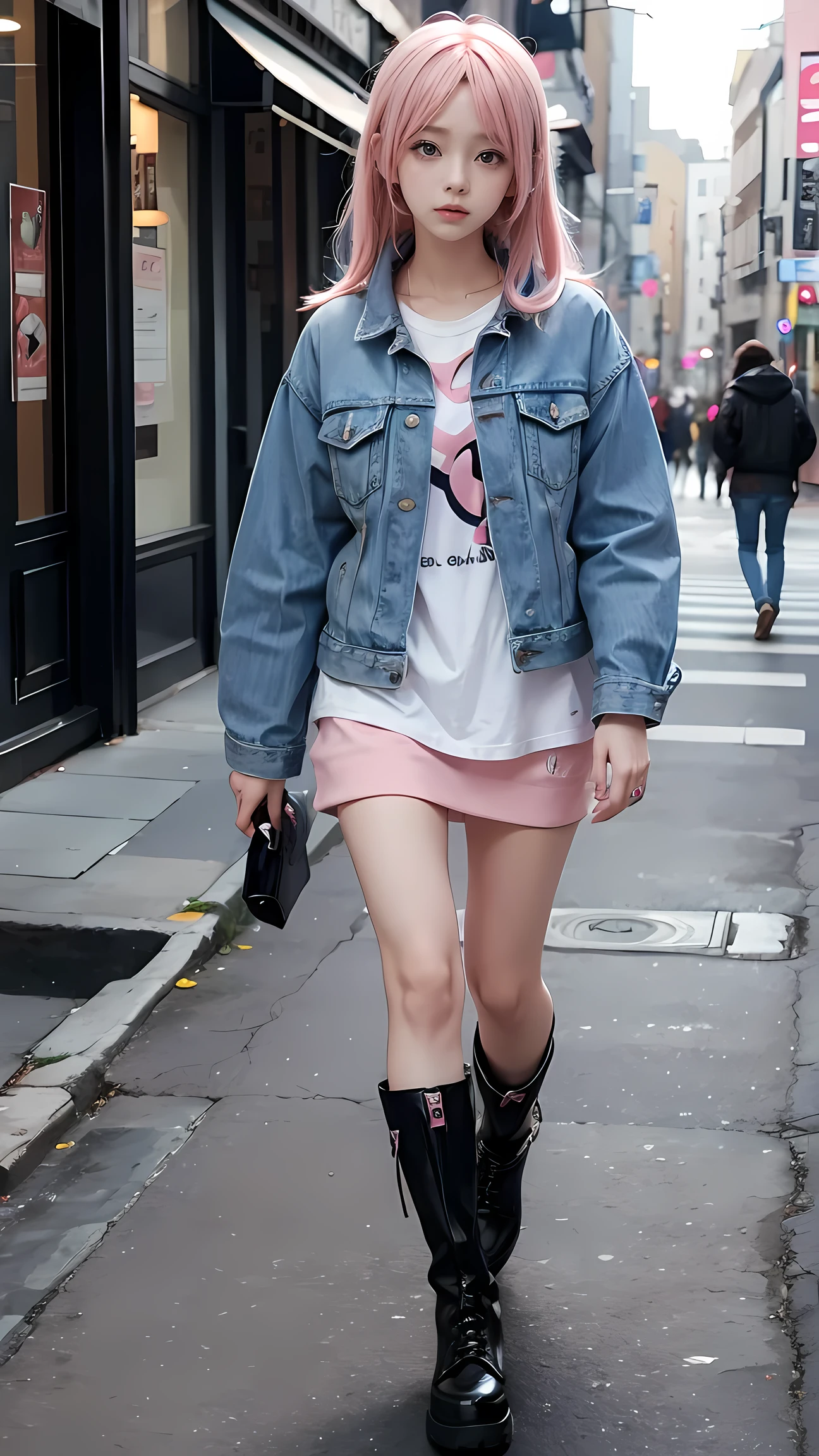 Pink haired anime girl with headphones,very cute,Denim jacket,boots,Walk down the street to Generative AI