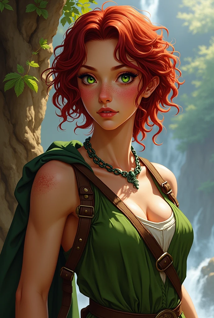 realistic photo ,full body ,Tika Waylan Majere is a popular character in the Dragonlance saga. Here is a detailed description of their appearance: balck hair: dark red, short and curly. eyes: Bright green, often full of energy and curiosity. face: rosy cheeks with freckles, which give her a youthful and lively look. Physique: Schlank und willowy, but also strong and athletic through their adventures and fights. attire: Often simple and practical, suitable for her work as a barmaid and adventurer. Sie trägt oft robuste attire, which is suitable for their travels and battles12. Tika is known for her bravery and determination, and she develops from a simple tavern waitress to a brave fighter and loyal companion of the heroes of the Lance