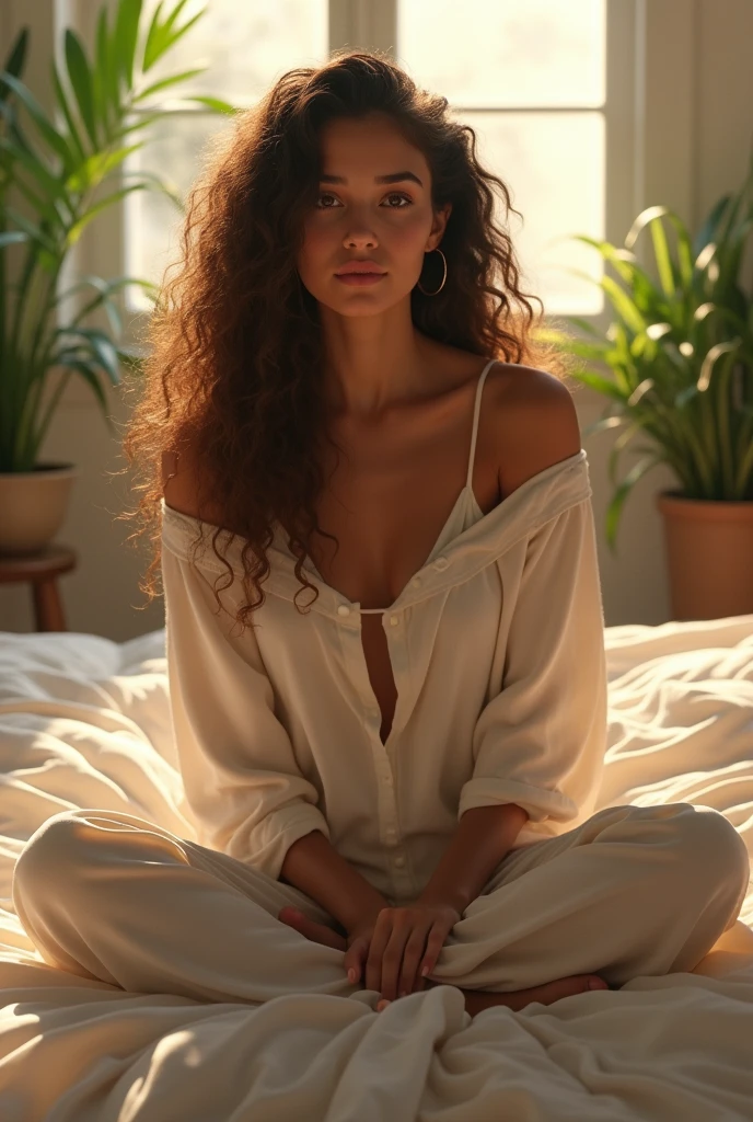 (photorealism:1.2), beautiful woman, sitting on bed, wearing loose off-shoulder top, pajama pants, long curly hair, indoors, soft lighting, plants in background, window with sunlight, cozy room, relaxed pose, realistic, intricate details, warm colors, by Greg Rutkowski, by Alphonse Mucha