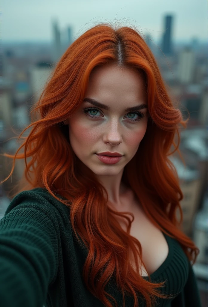 professional, (4k photo:1.1) by (Jeremy Lipking:0.3), (Dittmann Anna:0.3), (Arian Mark:0.3), (Sharp focus:1.3), high detail, wearing (tight shirt:1.2), beautiful detailed face, an attractive woman with long red hair looks into the camera, looking like actress Katherine McNamara, panasonic lumix s pro 50mm f/1.4, anne stokes, color splash, dark orange and dark emerald, ferrania p30, photo realistic, (attractive young woman:1.3), (seductive:1.1), (blushing:1.1), hourglass body shape, big round breasts, wide hips, in background city, taking selfie, wearing jumper