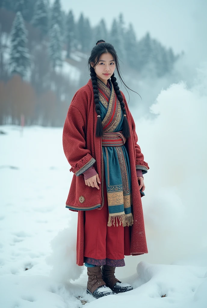 Tibetten cute girl, Tibetan snow , 2000,White smoke, Full of movement,hasselblad, National Geographic photo, Semi-body shot, high-quality photo,Full body photo,Lower body,Wearing shoes,20-year-old Tibetan girl,Wearing shoes,Wearing shoes,tibetan服饰,tibetan衣服,tibetan