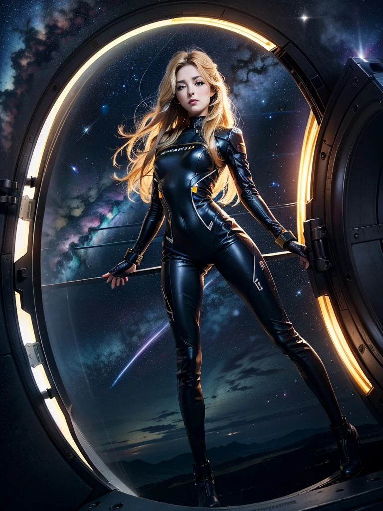 (masterpiece, best quality:1.2), (cowboy shot:1.1), solo, 1girl, mori yuki, slight smile, closed mouth, looking at viewer, blonde hair, thigh gap, yellow bodysuit, skin-tight, perfect body, large window, (starship porthole:1.3), (spread legs:1.3), (standing:1.1), thigh gap, sensual pose, side view, perfect hands, bright starship interior, (outer space view:1.1), (orbital view:1.3), (night, stary sky:1.5), milky way
