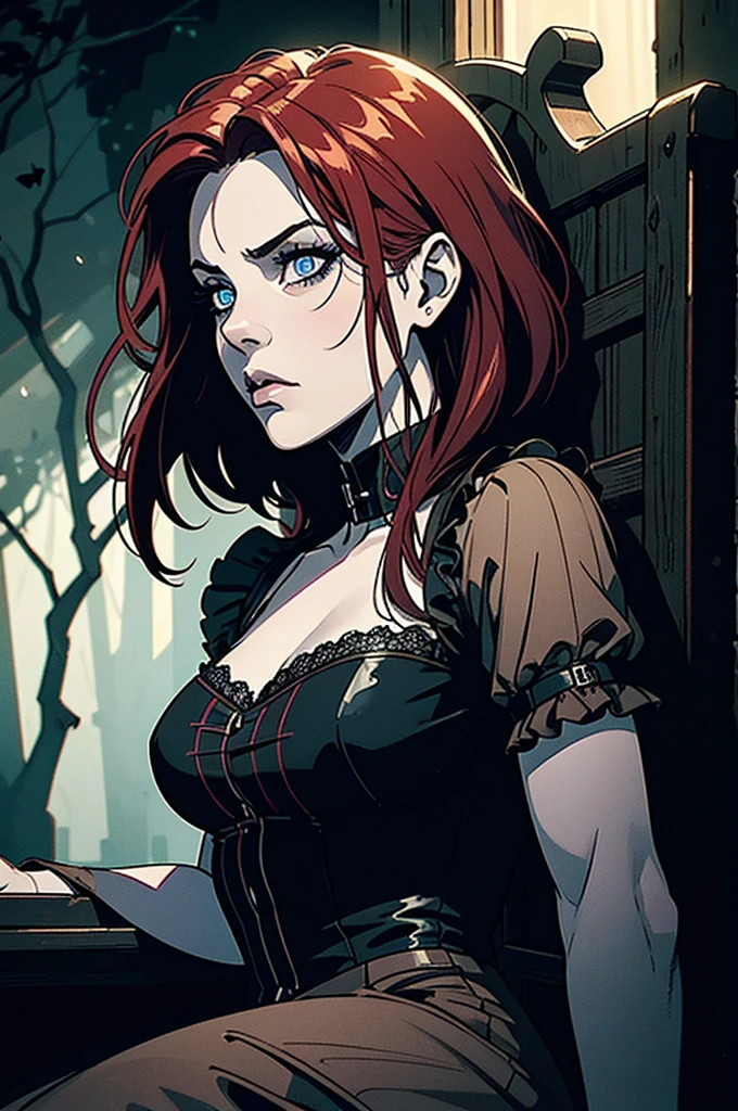 (best quality,4k,8k,highres,masterpiece:1.2),ultra-detailed,(realistic,photorealistic,photo-realistic:1.37), POV facing forward, goth anime girl,90s anime,gothic,1woman, ,blue eyes, short red hair.dark ambient,low saturation,anime style,pale skin,short red hair,gothic clothing,silhouette,surreal background,mysterious atmosphere,intense emotions,melancholic expression,dim candlelight,lens flare,dramatic shadows,symbolic elements,heavy makeup,pale and dark colors,misty fog,ethereal beauty,subtle texture. Sitting on throne in wooden cabin in the woods
