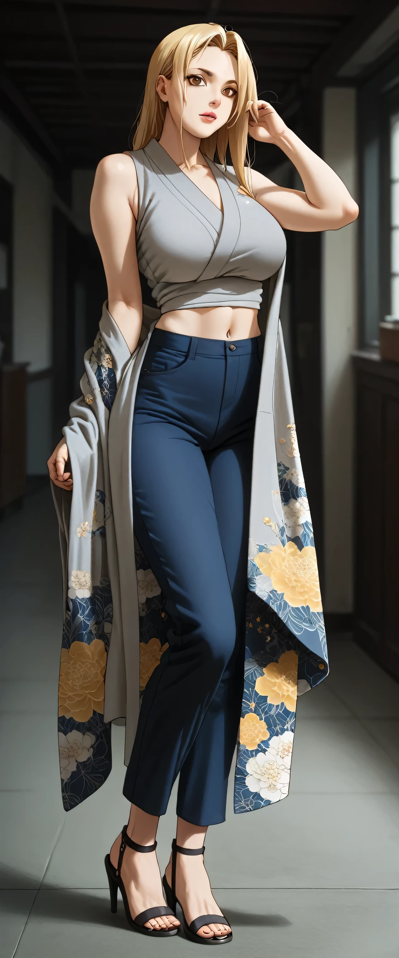 A sexy beautiful girl with big breasts, long yellow hair, brown eyes, a gray sleeveless kimono, shows her breasts, shows her navel, and dark blue pants with black heels