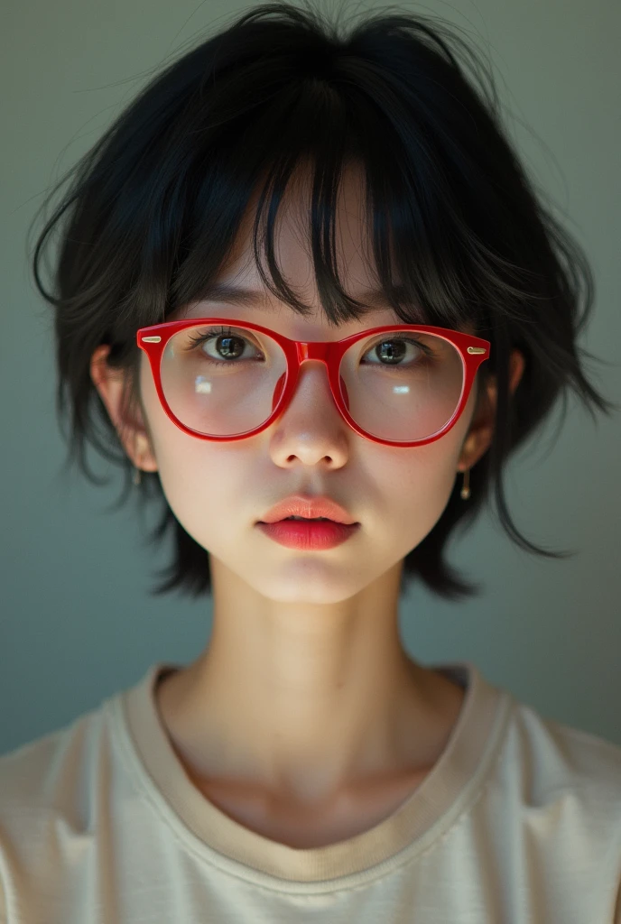 ((Highest quality)), ((masterpiece)), (detailed), One person, Short Hair,Black Hair,Red-rimmed glasses,T-Shirts,Gaucho pants,First-person view,to close range,Looking at this,