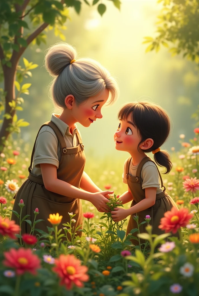 An elderly woman with kind eyes, wearing a gardening apron, tending to her garden with a  daughter by her side. They are both smiling and laughing, surrounded by blooming flowers.
  Style: Warm, nostalgic, and heartwarming.I am animated characters 