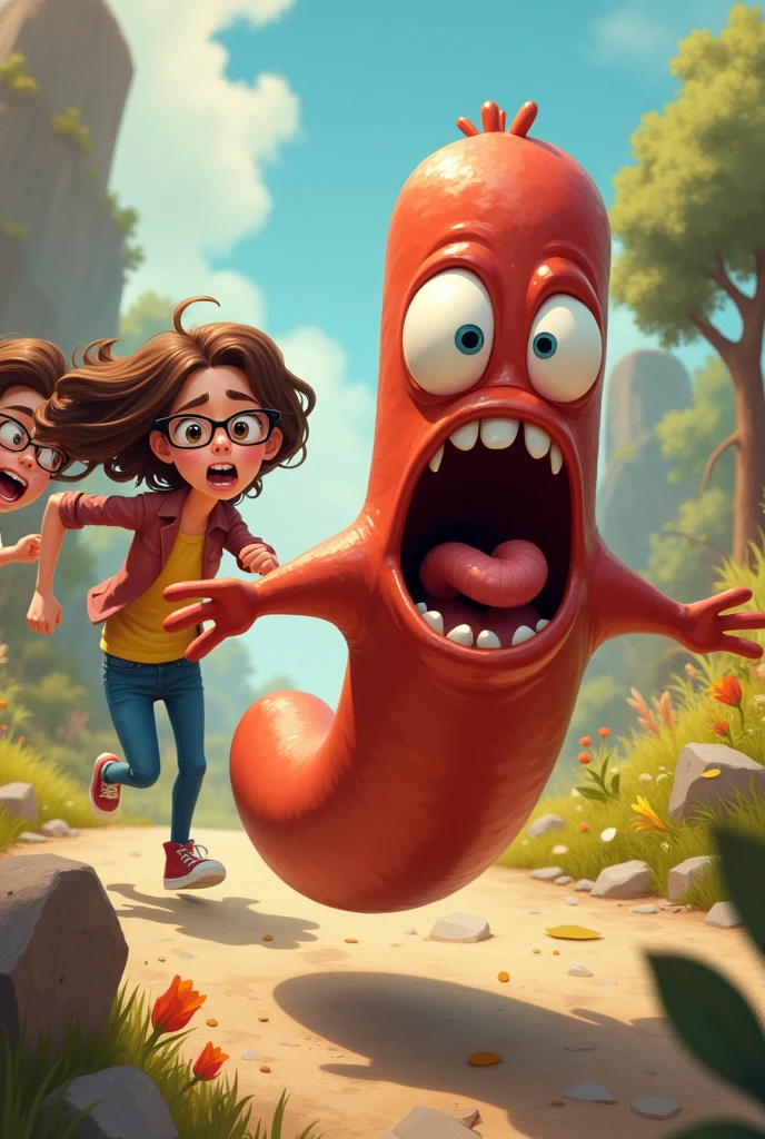 Un saucisson avec un visage effrayé qui se fait poursuivre par une adolescente brune avec des lunettes et un adolescent brun