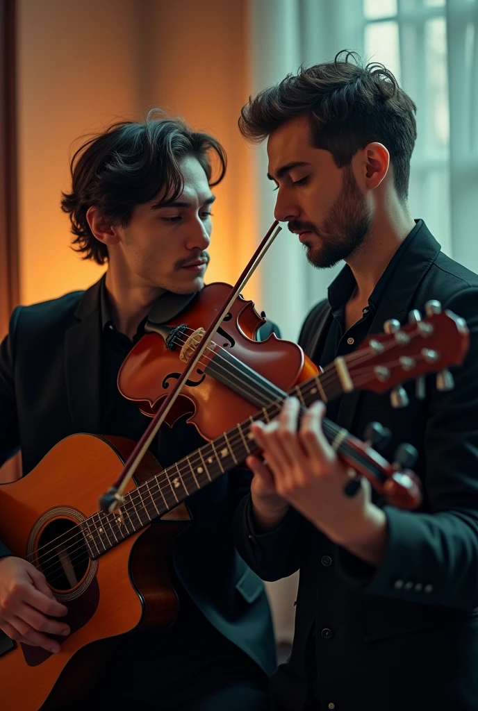 Attractive Violin and guitar combine men photo for youtube video cover. Size 16:9