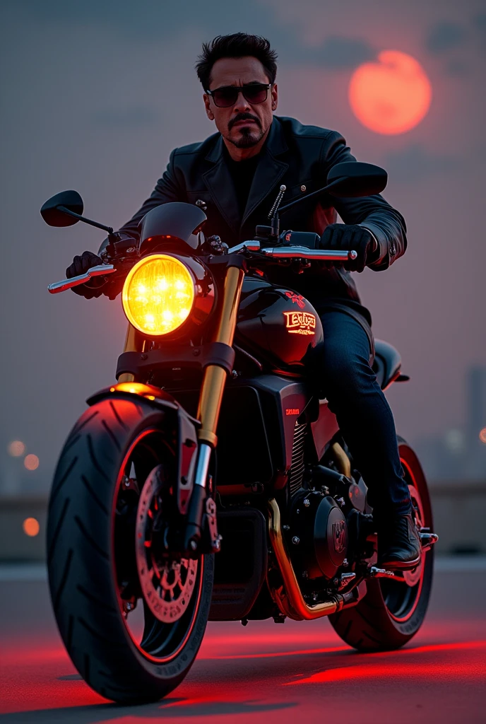Robert Downey Jr riding thar ,black colour, yellow front light, 4k quality, illuminate logo on bonet, red colour rim of tires with black lines, night, place Dubai, light reddish half moon, show face clearly, video duration 15s