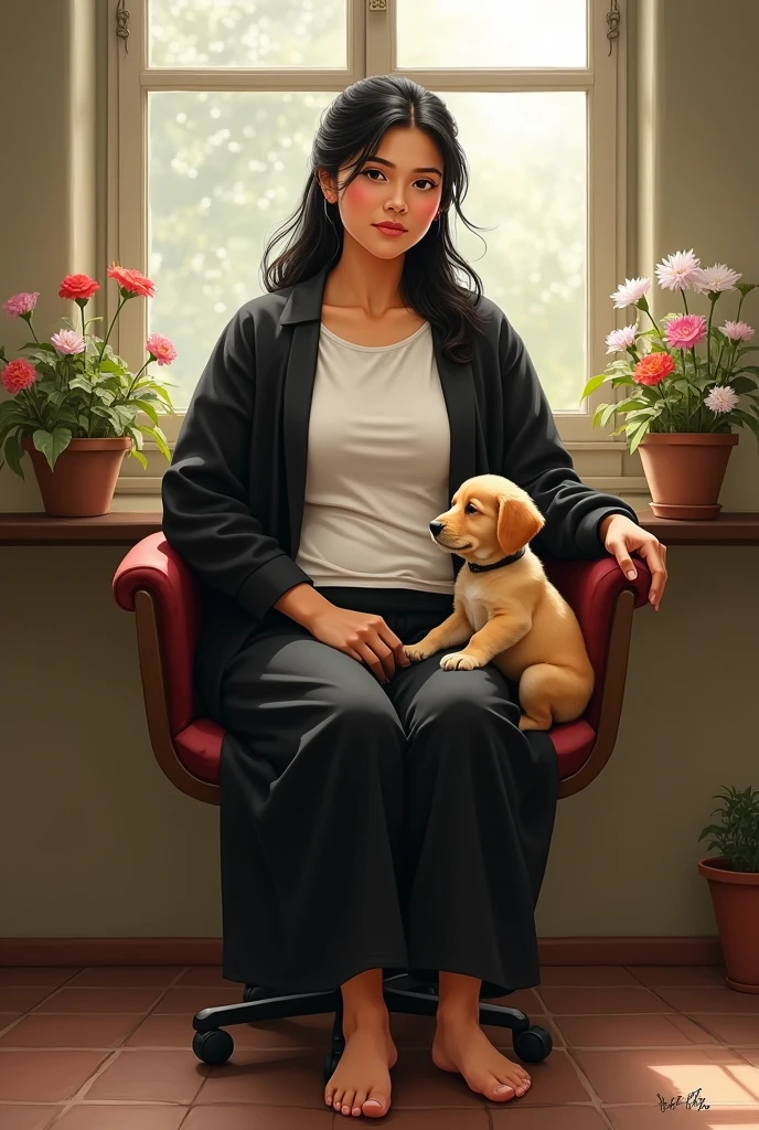 Pure 35  years fat nepali girl,  round face ,broad lip medium body size sitting on revolving chair, wearing white looking forward shirt,black coat and pant, long pony black hair, golden colour puppy near the girl,flowers on pot at both side ,near window