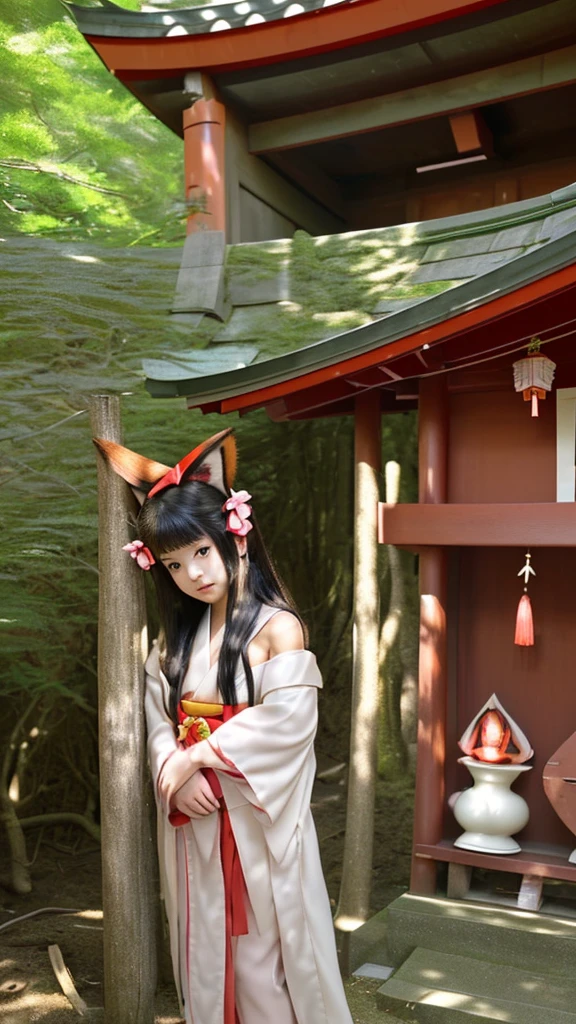 Small fox ears、One Girl, (A beauty girl, Delicate girl:1.3), (, change:1.3), break,((Shrine maiden'Costumes)),(Brown fox ears) break, Definition of Very Fine Particles, (Symmetrical eyes:1.3), break, (alley, Kyoto:1.3), perfectly trimmed fingers, break, Small breasts, Brown eyes, Parted bangs, Brown Hair, , break, (Eye and facial details:1.0), break, (masterpiece, Highest quality, Very detailed, Detailed face, 8k)Goth