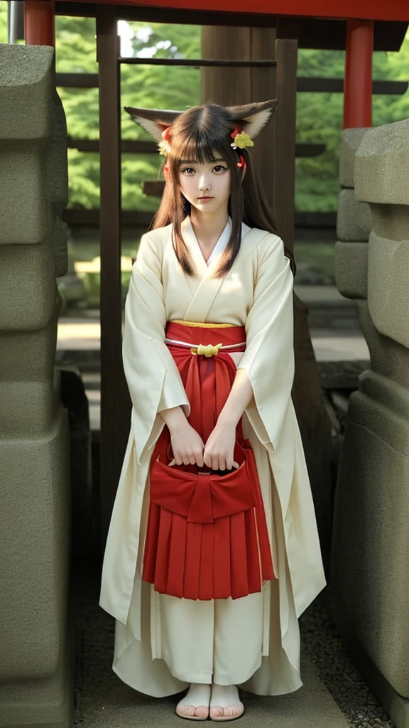 Small fox ears、One Girl, (A beauty girl, Delicate girl:1.3), (, change:1.3), break,((Shrine maiden'Costumes)),(Brown fox ears) break, Definition of Very Fine Particles, (Symmetrical eyes:1.3), break, (alley, Kyoto:1.3), perfectly trimmed fingers, break, Small breasts, Brown eyes, Parted bangs, Brown Hair, , break, (Eye and facial details:1.0), break, (masterpiece, Highest quality, Very detailed, Detailed face, 8k)Goth