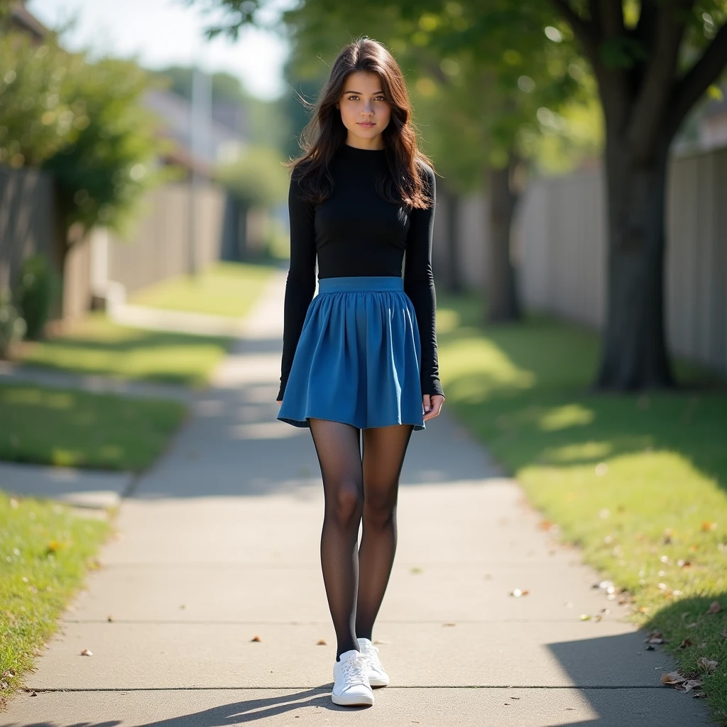 a dark brown hair anger, show entire body, shoes in view, front view, wearing blue skirt, wearing black sheer transparent thin stockings, all wearing black long sleeve tight fiiting bodys, wearing white sneaker, sunny day, staying in neighboorhood, aerial photography, 20 years old, realistic