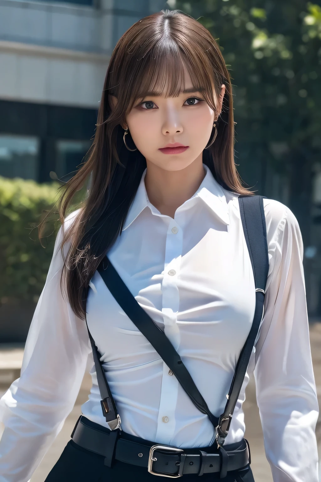 a woman in a suit, belt, hands behind back, sweating, suspenders, black pants, sexly, large breasts, see-through clothing, rain, detective, office worker, white button-up shirt, (best quality,4K,8k,highres,masterpiece:1.2),ultra-detailed,(realistic,photorealistic,photo-realistic:1.37),hyper-detailed,highly detailed face and body, Slender thin suspenders Moderate breasts See-through shirt Nipples holster chain Pistol Armament criminal Female criminal knife