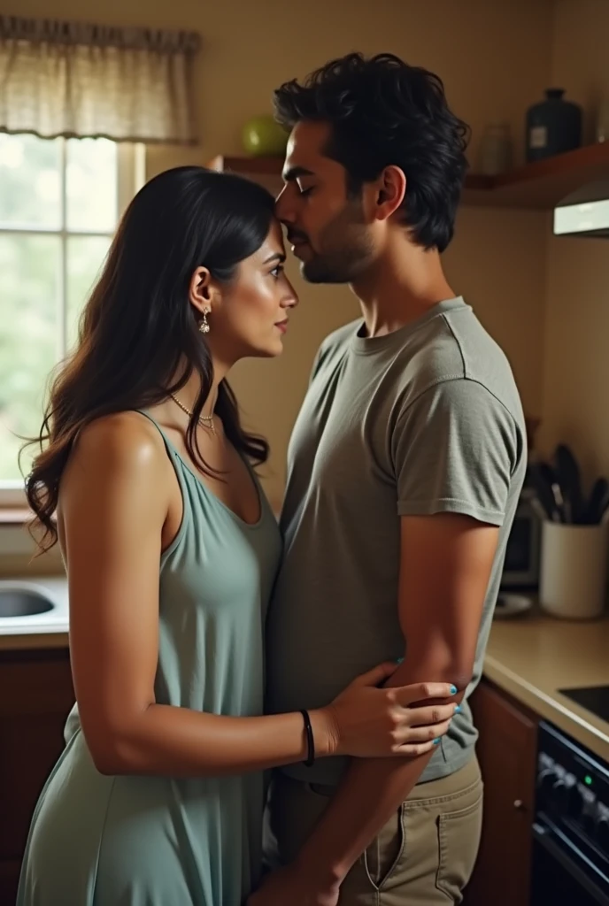 40 year old indian beautiful fair woman wears tshirt and slacks, giving blowjob to the 1 indian boy at kitchen.