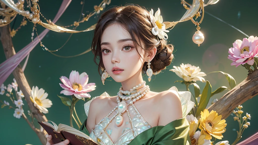 32K, 最高quality, 最高masterpiece, (ultra-Detailed Background, Detailed Background), High resolution, Super detailed, Very detailedな, 1 personの, (bouquet:1.3), (Tangled:1.2), (Geometric:1.2),(colorful),(masterpiece, quality, best quality, Official Art, Beautiful and beautiful:1.2), (1 person:1.3), Very detailed,(colorful:1.1)(Flowers:1.3),Most detailed,(Tangled:1.2), whole body, (Abstract background:1.3), (Skin glows), (Many colors:1.4), ,(Earrings Pearl:1.5), Light green background, It's imaginative., Brunette Hair, Updo, Holding a book, Holding a pen, Satin shirt