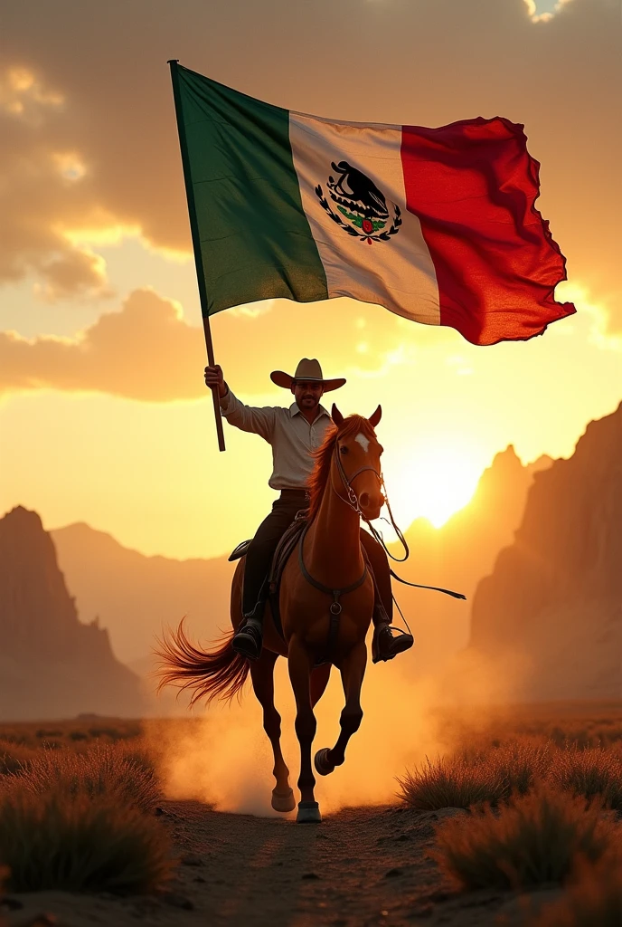 A horseback rider galloping in a Mexican landscape at dawn, Waving a large and proud Mexican flag. The rising sun lights up the sky, creating an epic and patriotic atmosphere. In the background, Mexican mountains in landscape style.