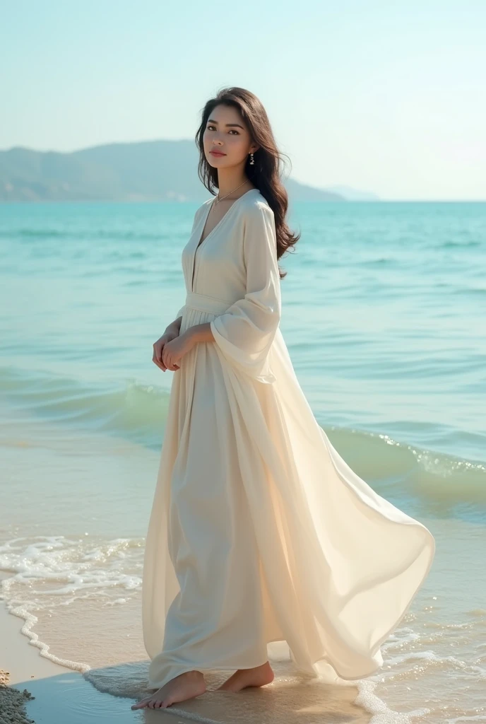 A 25 years woman who looks like Ayeza Khan, with fair skin, hazel eyes, and charming dimples, is standing on a beach. She is wearing a stylish, modest Western dress with no skin showing, and she is gently dipping her feet into the water. The background features a serene beach scene with gentle waves lapping at the shore and a clear, sunny sky."