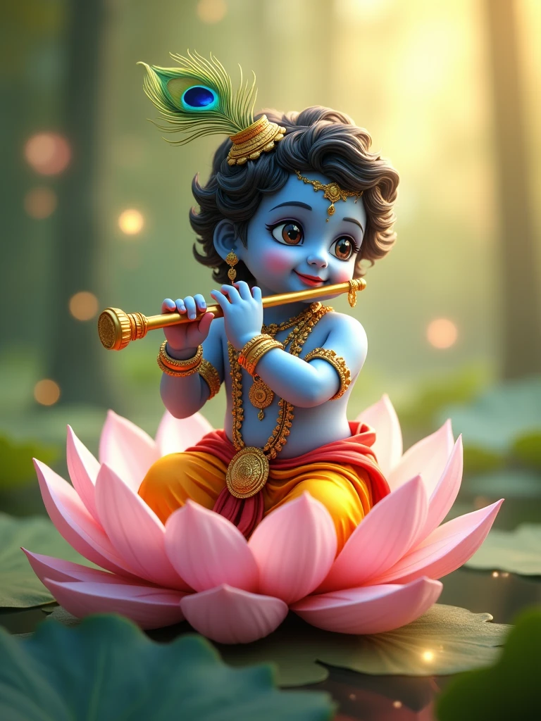 Baby Krishna with his mischievous smile, blue skin, in vibrant traditional attire, playing a Flute, seated on a lotus, peacock-feather adorning his head, in Vrindavan with soft-focus luminescent trees in the background, pastel color palette, golden rati, insane-realistic, soft natural light