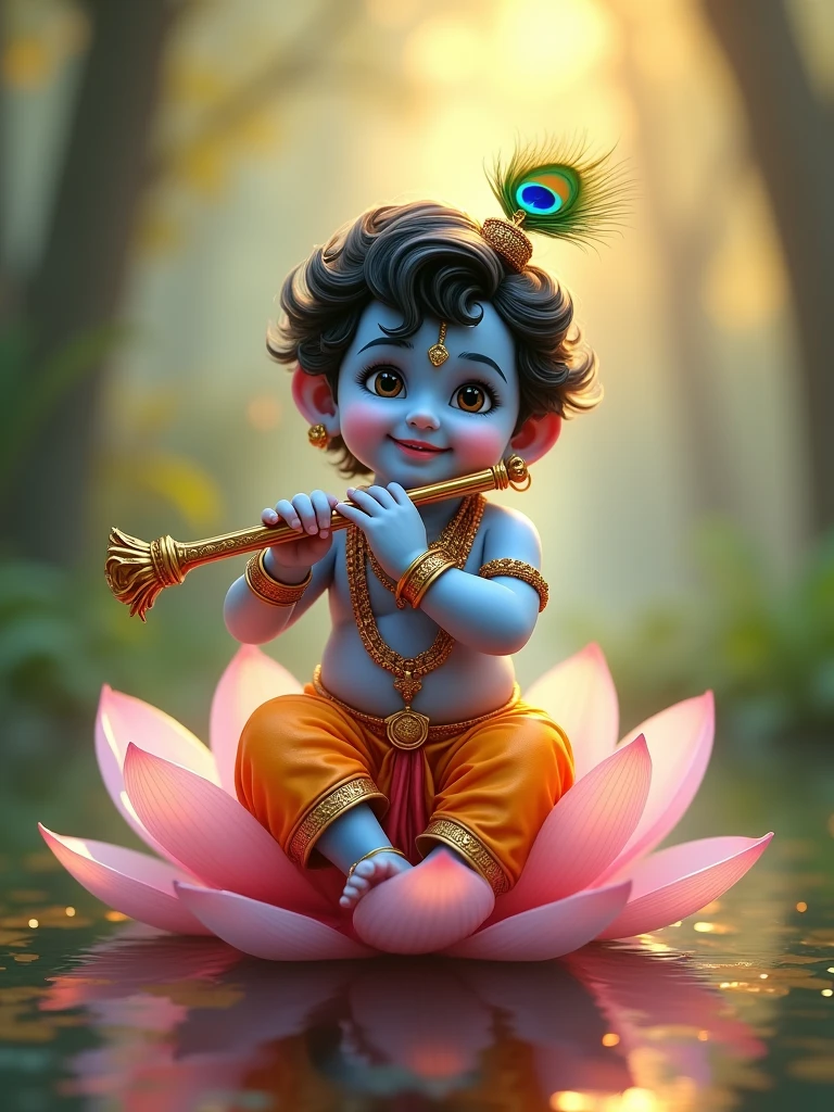  Krishna with his mischievous smile, blue skin, in vibrant traditional attire, playing a Flute, seated on a lotus, peacock-feather adorning his head, in Vrindavan with soft-focus luminescent trees in the background, pastel color palette,  golden rati, insane-realistic, soft natural light