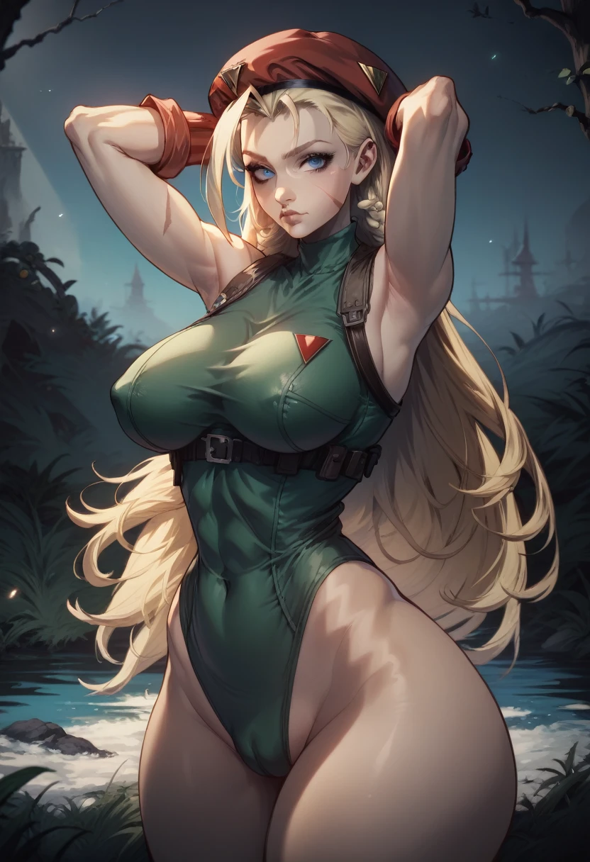 cinematic film still beautiful,masterpiece,best quality,extremely detailed face,perfect lighting,1girl,arms behind head,cowboy shot,cute,flirty,looking at viewer,cammy white,twin braids,long hair,blonde hair,antenna hair,beret,(red headwear:1.3),blue eyes,scar on cheek,(large breasts:1.2),green leotard,sleeveless,red gloves,fingerless gloves,camouflage,. shallow depth of field, vignette, highly detailed, high budget, bokeh, cinemascope, moody, epic, gorgeous, film grain, grainy, cameltoe, fat ass, fat curvy,