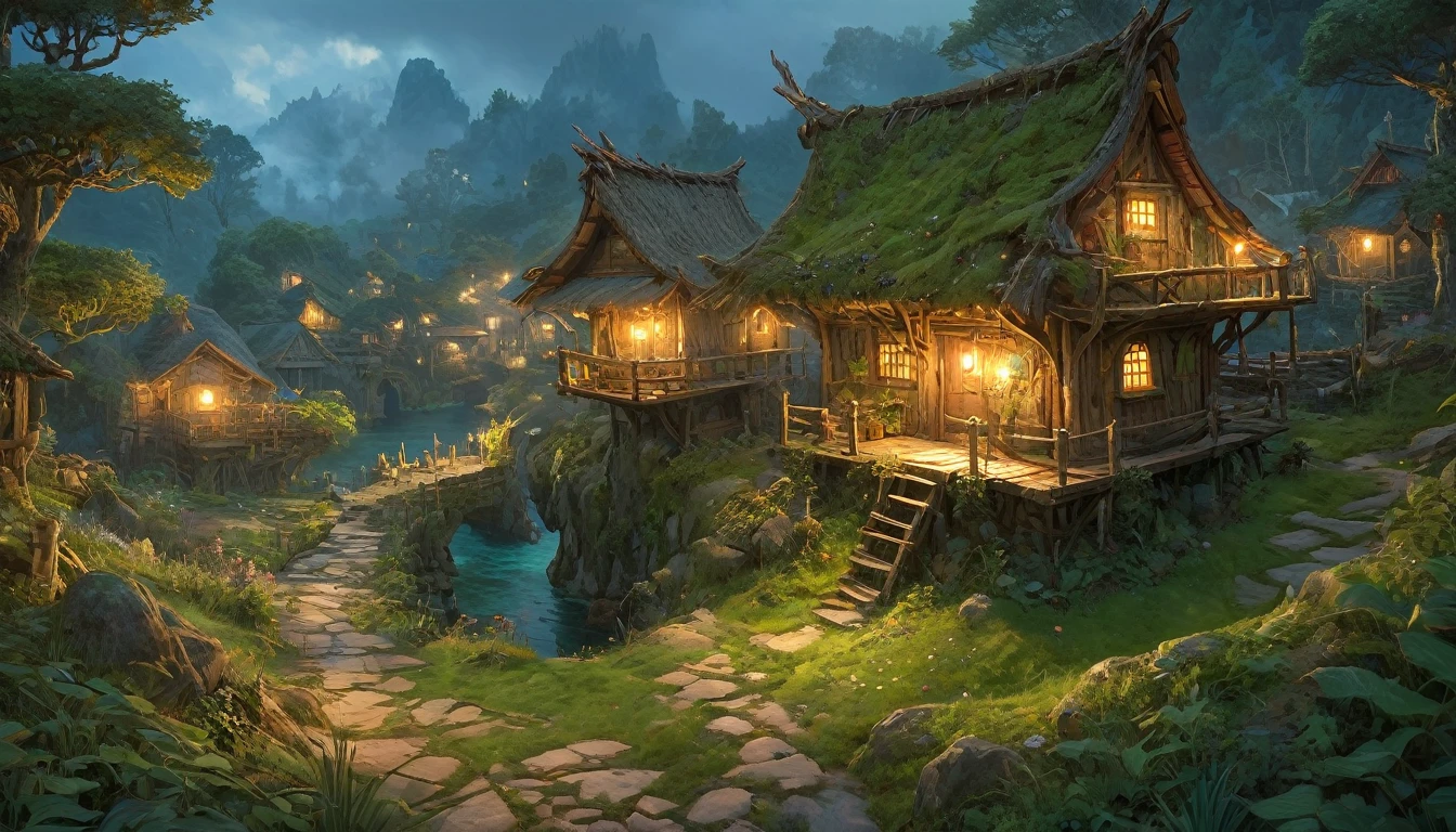(anime, fantasy, village), (detailed CG unity 8k wallpaper, masterpiece, best quality, highly detailed, HDR:1.2), a small village in the forest, top down view, highly detailed village hut, heavenly atmosphere. {4k texture} {detailed landscape} {side angle shot}, colorful, intricate, ethereal lighting. From Brian Froud and Carne Griffiths and Wadim Kashin and John William Waterhouse