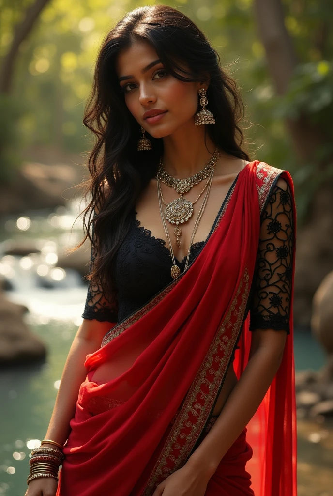 (photorealism:1.2), beautiful Indian women, jewellery , wearing red sarhi, black net blouse , large breast, horny pose with sunlight, outdoor, stream, realistic, intricate details, warm colors, by Greg Rutkowski, by Alphonse Mucha