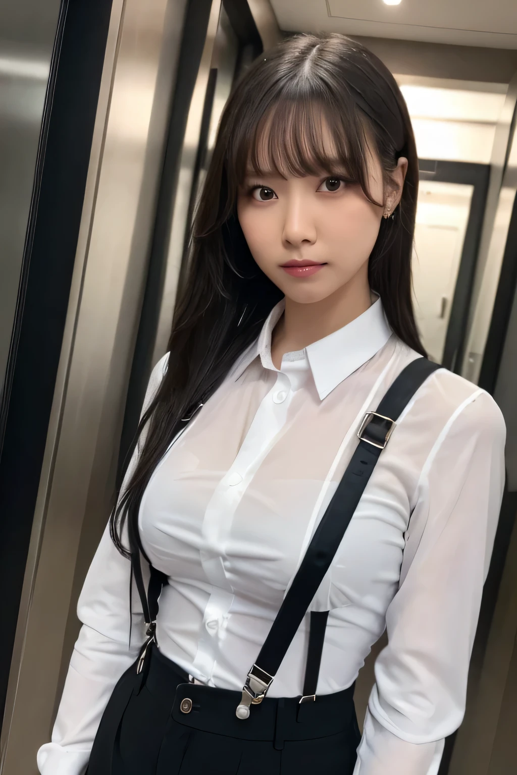 a woman in a suit, belt, hands behind back, sweating, suspenders, black pants, sexly, large breasts, see-through clothing, rain, detective, office worker, white button-up shirt, (best quality,4K,8k,highres,masterpiece:1.2),ultra-detailed,(realistic,photorealistic,photo-realistic:1.37),hyper-detailed,highly detailed face and body, Slender thin suspenders Moderate breasts See-through shirt Nipples holster chain Pistol Armament criminal Female criminal knife