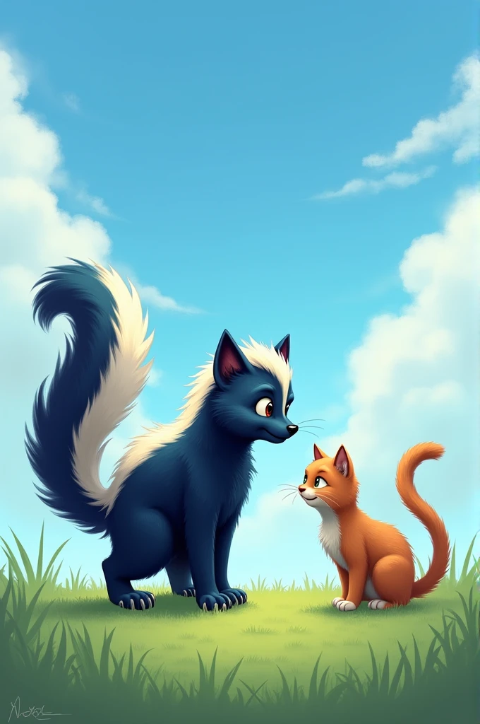 A blue skunk next to a cat
