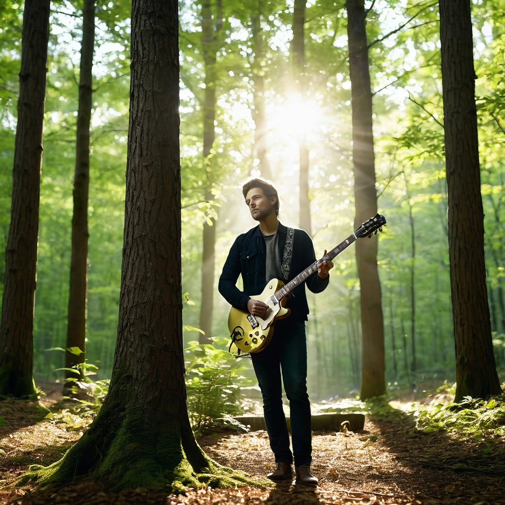 A highly realistic photo of a man holding an electric guitar in the woods. The man is standing among tall trees with sunlight filtering through the leaves, casting soft shadows on the forest floor. He has a relaxed yet focused expression, as if preparing to play. The electric guitar is detailed, with shiny metal components and a sleek body, contrasting with the natural environment around him. The scene captures the peacefulness of the woods and the subtle tension of a musician ready to perform in a tranquil, outdoor setting.