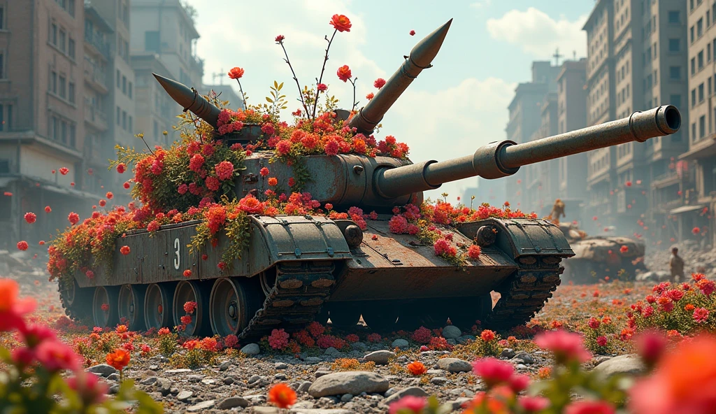 Broken tanks covered with flowers, flowers destroy tanks and the tank explodes with flower petals, the tank flies apart. The broken rocket is covered with rose petals. Flowers destroy rockets and rockets explode with rosebuds. Flowers fill the ruined cities. The flowers are like a tsunami. The symbol is Pacific. A flower tsunami.