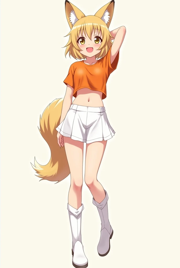 anime girl have a smiley face with a fox ear wearing an orange crop top white short skirt white boots and full body no background