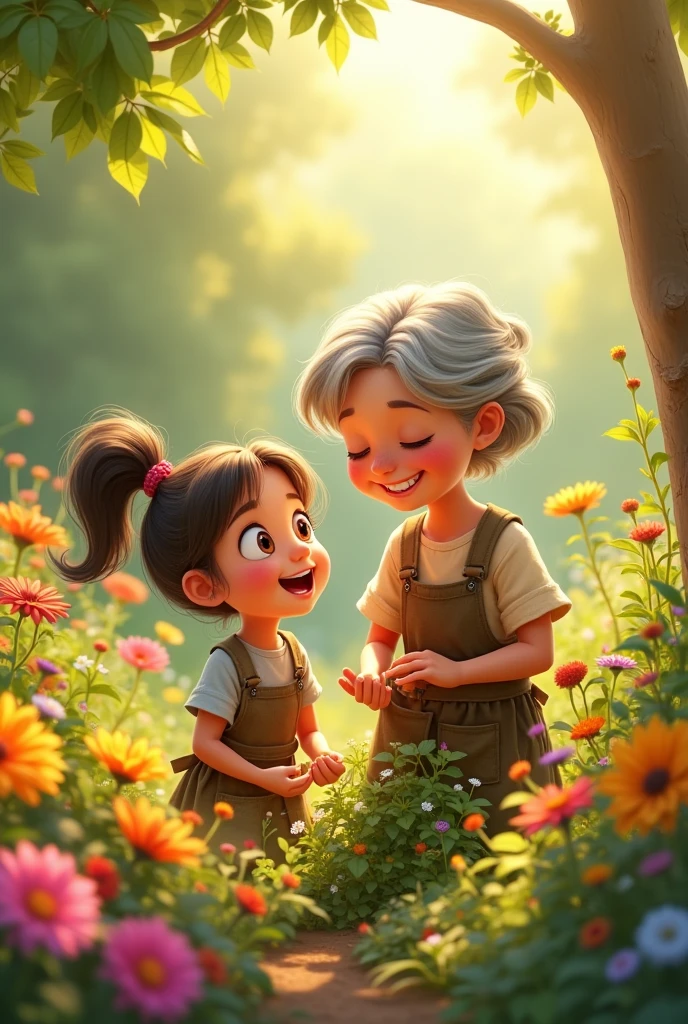 An elderly woman with kind eyes, wearing a gardening apron, tending to her garden with a little grand daughter by her side. They are both smiling and laughing, surrounded by blooming flowers.
 * Style: Warm, nostalgic, and heartwarming.I am animated characters 