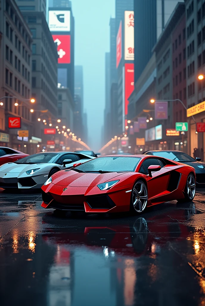 4 cars in one line White and grey and black and red  lemborghini svj  with chrome wheels in new york city rainy weather video