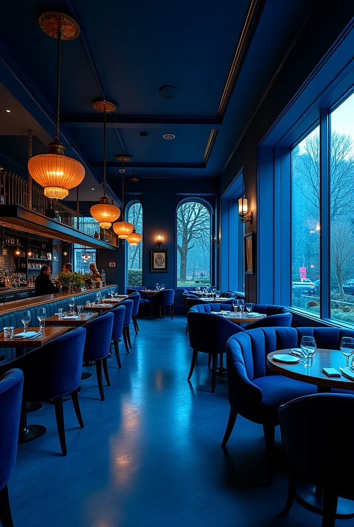 Restaurant in shades of blue, Photo, comfortable, dark atmosphere