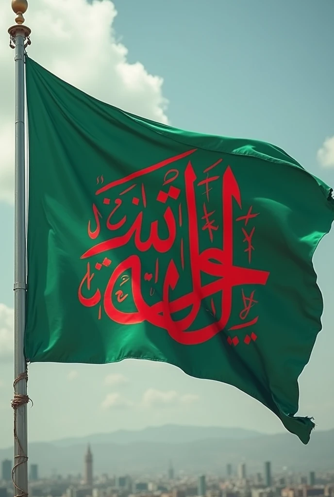 The green flag is decorated with red lailahaillahumuhammadurrasulullahsalla: arabic in the pattern of the Taliban flag