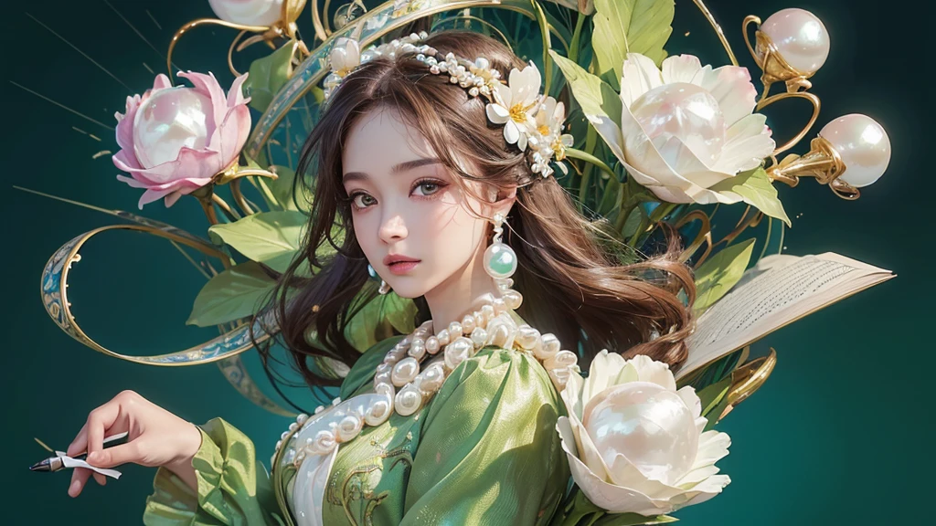 32K, 最高quality, 最高masterpiece, (ultra-Detailed Background, Detailed Background), High resolution, Super detailed, Very detailedな, 1 personの, (bouquet:1.3), (Tangled:1.2), (Geometric:1.2),(colorful),(masterpiece, quality, best quality, Official Art, Beautiful and beautiful:1.2), (1 person:1.3), Very detailed,(colorful:1.1)(Flowers:1.3),Most detailed,(Tangled:1.2), whole body, (Abstract background:1.3), (Skin glows), (Many colors:1.4), ,(Earrings Pearl:1.5), Light green background, It's imaginative., Brunette Hair, Updo, Holding a book, Holding a pen, Satin shirt