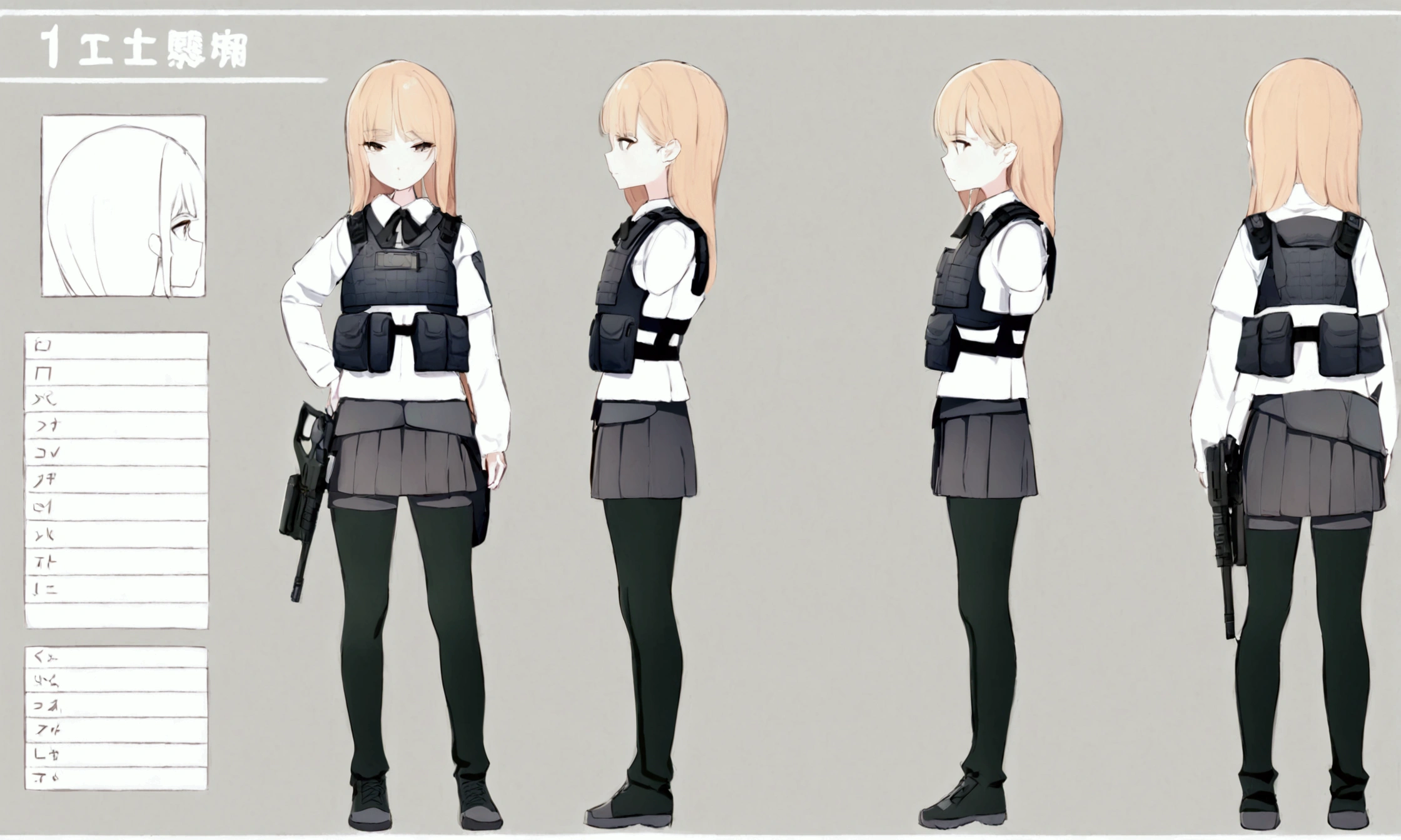 Standing Girl, cute, 1 woman, , 4-sided design, Diagonals, front, back, profile, 5 head to body ratio, character sheet, whole body, simple background, Four perspectives, tactical gear, bulletproof vest,teenage girl
