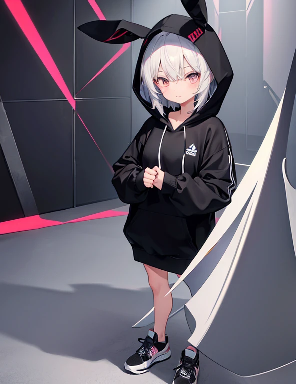 1 female,Black Bunny Hoodie,Het Fong,Black and white sneakers,Are standing,whole,tits