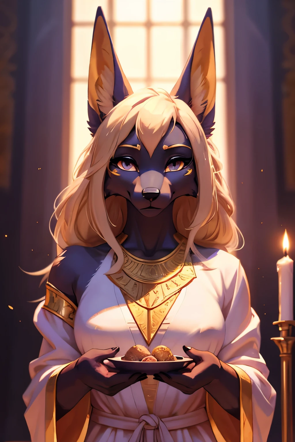 a anthro jackal, female, full body, blond hair, servant of the god Anubis, white robes, masterpiece, best quality, highres, high resolution, perfect face, perfect eyes, detailed, shaded, 4k, 2k, depth of field