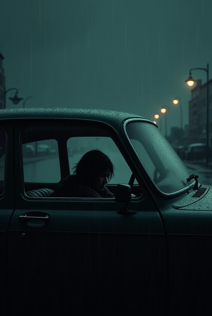 1 person, Sitting in a car, Depressed expression, , It was a shame, It's raining outside, night