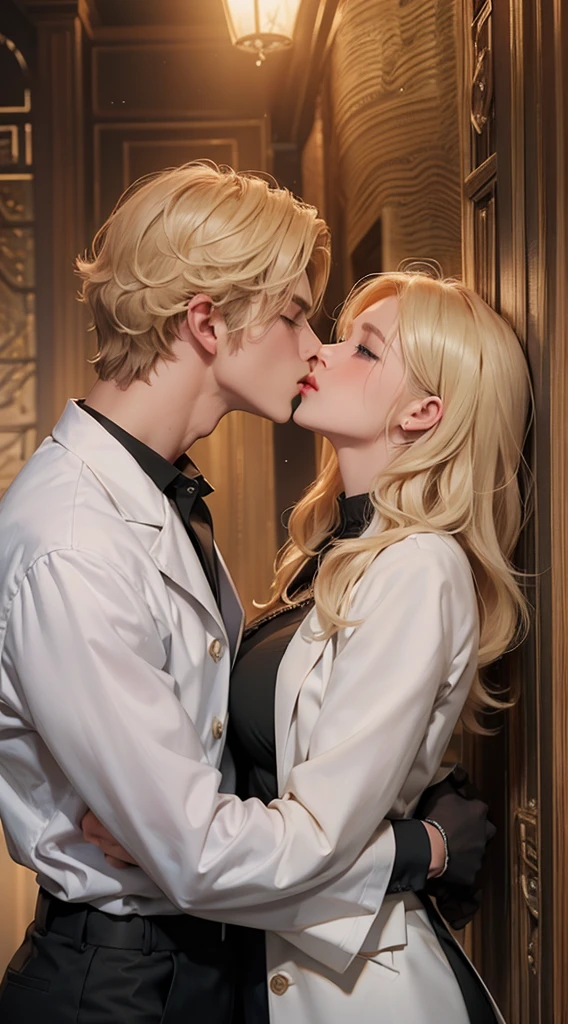Upper Body,(一个帅气的blond欧美男子kiss一个20岁的欧美女模特)kiss,blond,Wave Curls,A boy,A girl,Boys wearing white shirts,Black suit pants,Girl wearing white coat,Black dress,(Blue Eyes:1.2),muscular,Caucasian ethnicity,Atmosphere,High Detail,Standing,The background is the laboratory