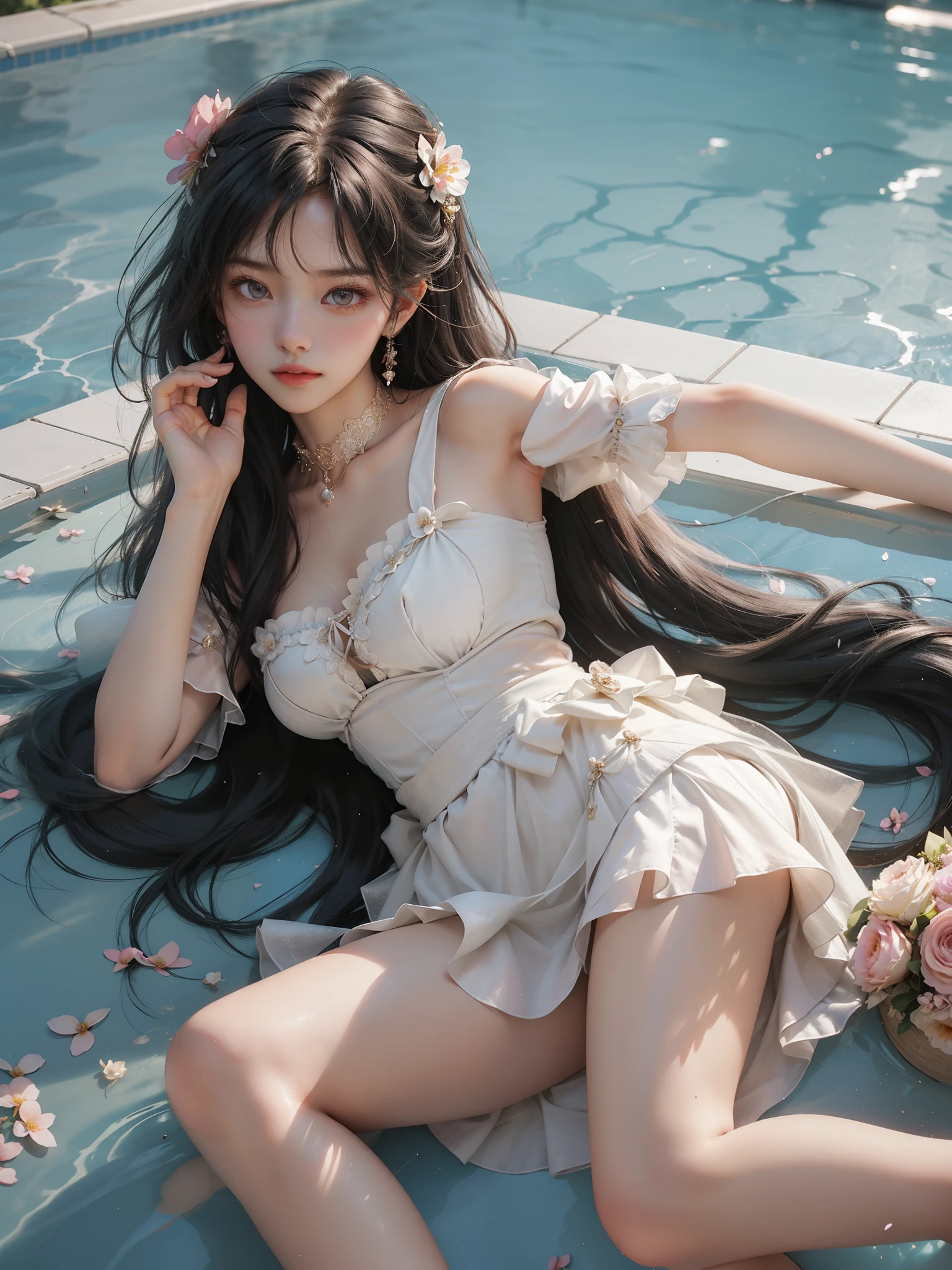 （(Girl lying in the swimming pool))、She gently lifted her skirt with one hand，Make gentle and playful gestures，((Lots of flowers瓣)), Lots of flowers，Many petals scattered，Cherry tree，Petals are flying all over the sky，Beautiful and charming woman, Elegantly, Her full breasts revealed.，Visible cleavage，The skirt is short，Natural legs，Sexy long legs，Correct and natural legs，Smooth skin，Slim and cute beauty, Eyes sparkling，Her skin is flawless。Her curves are highlighted。Shine in the light，The color is pastel，She lay confidently，One hand on hip，Her posture is both graceful and strong..。She wore elegant high heels，It matches her dress very well.。In the warm golden sun。The overall atmosphere of the picture is peaceful and uplifting，Emphasis on natural beauty and elegance, Studio Lighting,Vibrant colors, Cute girl, sweet smile, cosmetic，Shy，blush，open mouth，Heavy breathing，moan，超realism，realism，Movie Lighting，Comfort，Sony FE GM，Retina，masterpiece，precise，Anatomically correct，Textured Skin，Super Detail，High Detail，best quality，rich and colorful