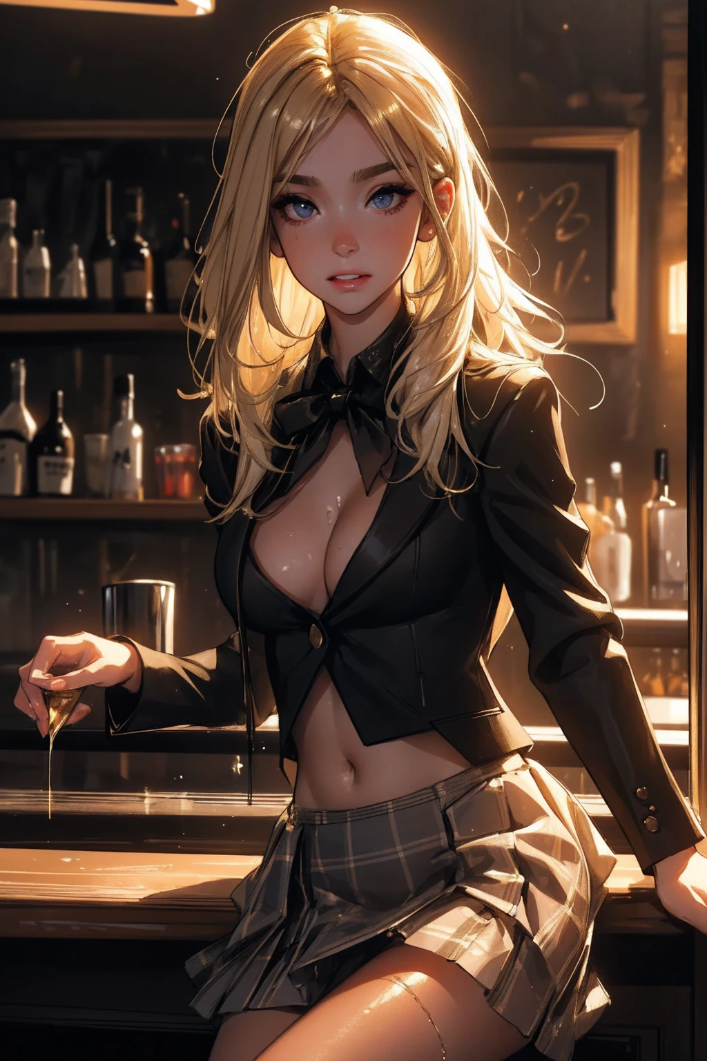 girl at a nightclub sitting at bar, eyeliner (masterpiece) (best quality) (detailed) (8k) (HDR) (wallpaper) (cinematic lighting) (sharp focus) (intricate) blonde hair, biting lip, medium hair, white and gold, sexy, blush, aroused, cleavage, shiny , wet skin, girl, dark makeup, action pose, jumping over bar, white shirt blazer and plaid skirt